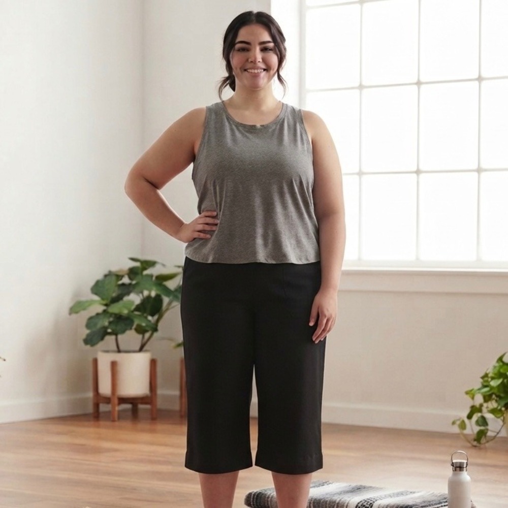 Reebok HydroMove Women Black Wide Leg Ruched Waist Capri Athletic Pants Large